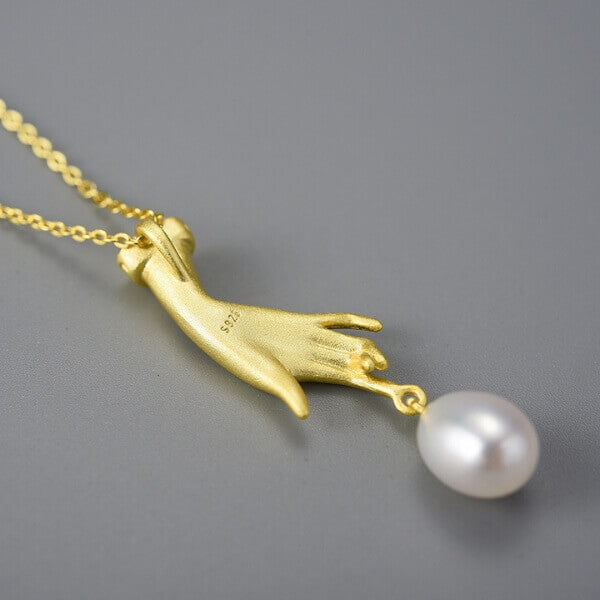 Natural Pearl and Sterling Silver 925 Necklace with 18k Gold Hand Pendant