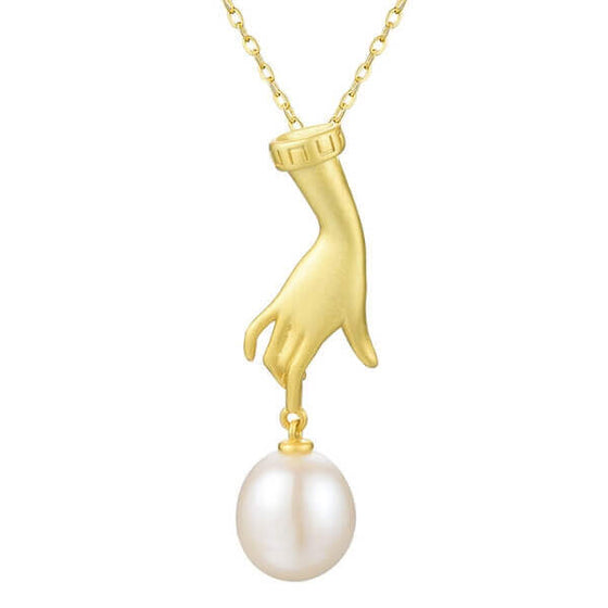 Natural Pearl and Sterling Silver 925 Necklace with 18k Gold Hand Pendant