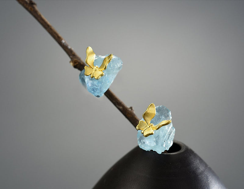 Aquamarine Butterfly Stud Earring Earrings - FaunaFloral