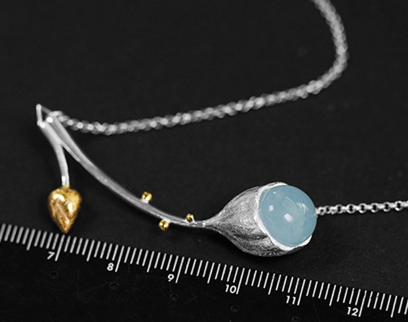 Aquamarine Lotus Bud Necklace Necklace- FaunaFloral