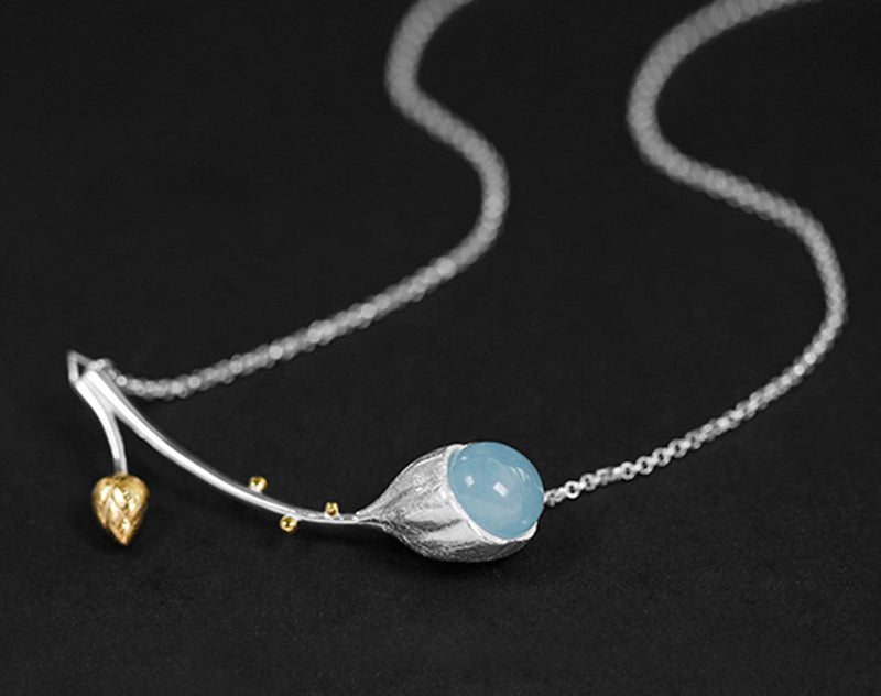 Aquamarine Lotus Bud Necklace Necklace- FaunaFloral