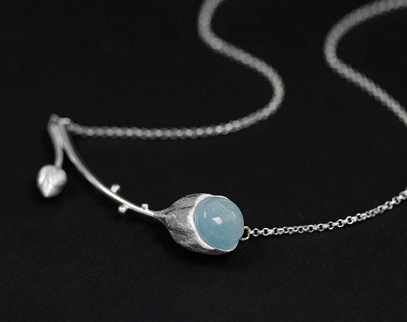 Aquamarine Lotus Bud Necklace Necklace- FaunaFloral