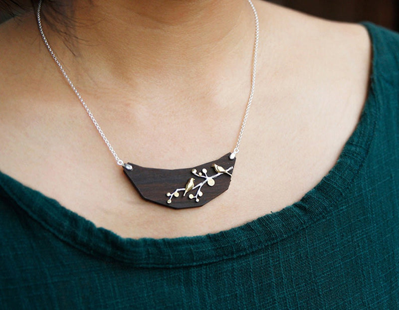 Birds on Branch Wooden Necklace Necklace - FaunaFloral