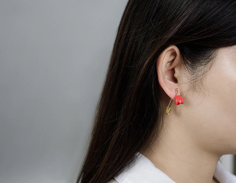 Red Rose on a Safety Pin Earring