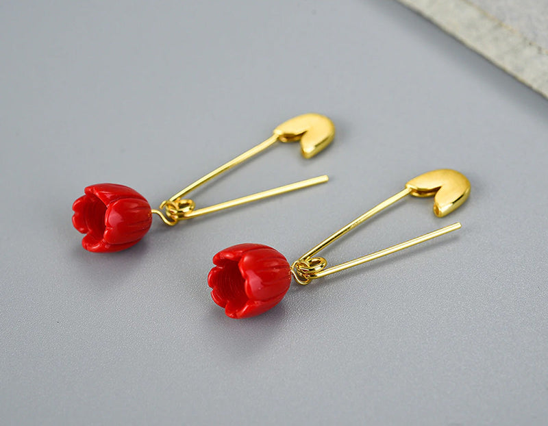 Red Rose on a Safety Pin Earring